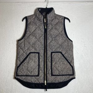J Crew Womens Down Full Zip Vest Small Black Cream Herringbone Mock Neck Warm
